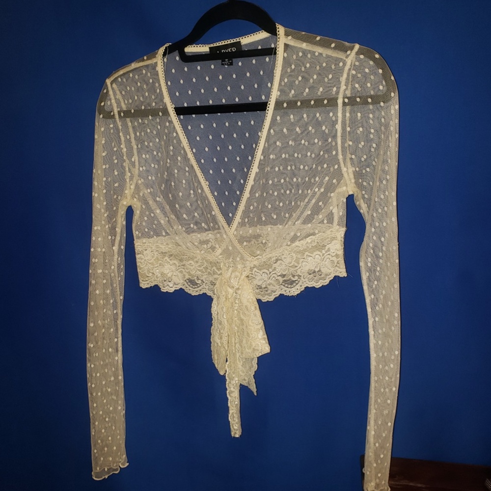 A. Byer / Sheer / Lace / Polka Dot / Cream Colored / Crop Top